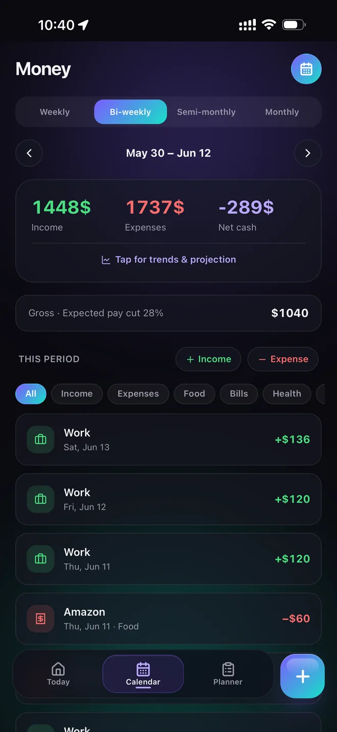 Fasti Money view showing income, expenses and a student pay forecast.