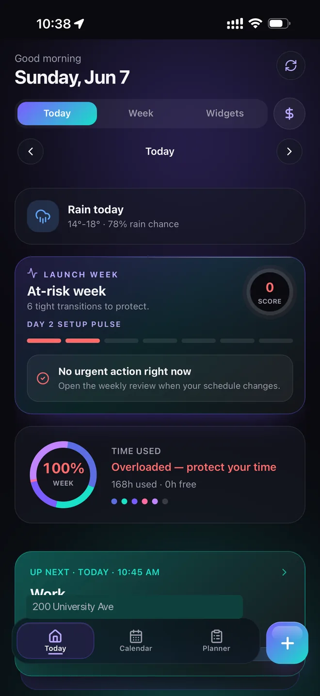 Fasti Today screen with weekly pressure, next event and planning actions.